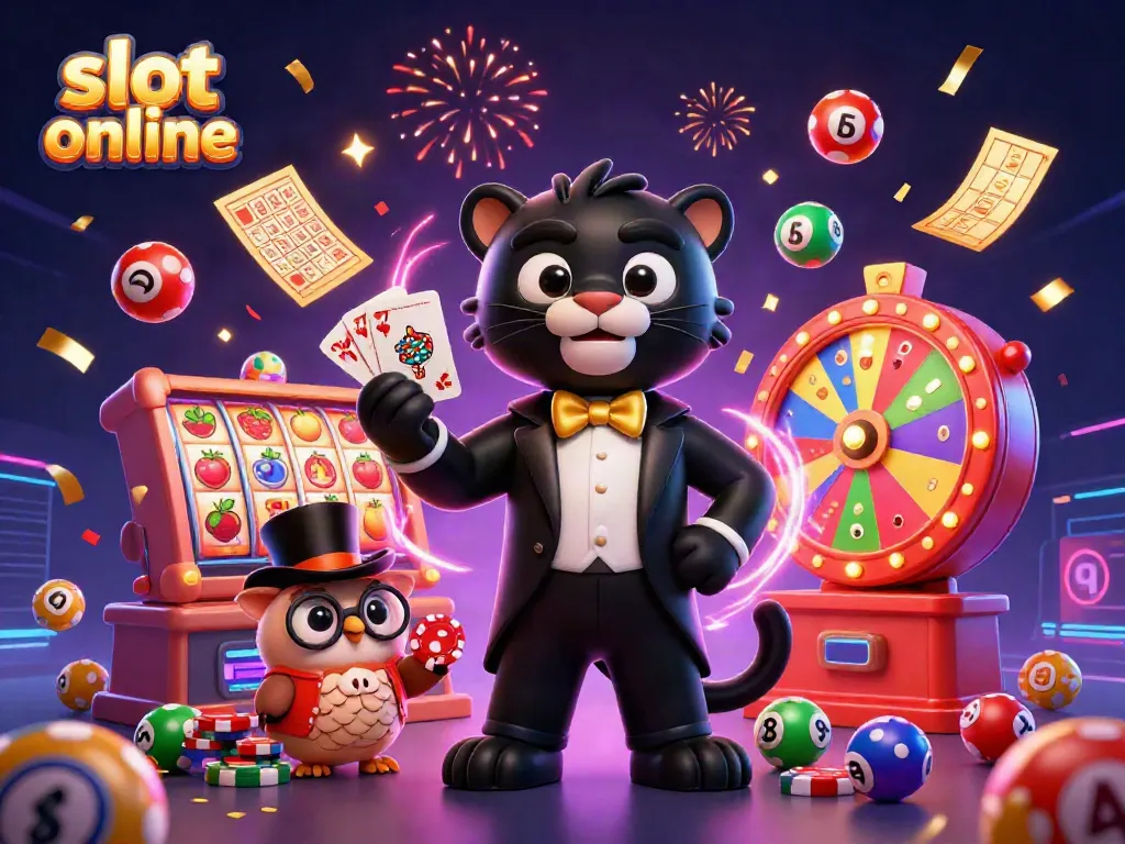 Experience the thrill of slot online games with our vibrant casino illustration featuring dynamic slot reels and characters.