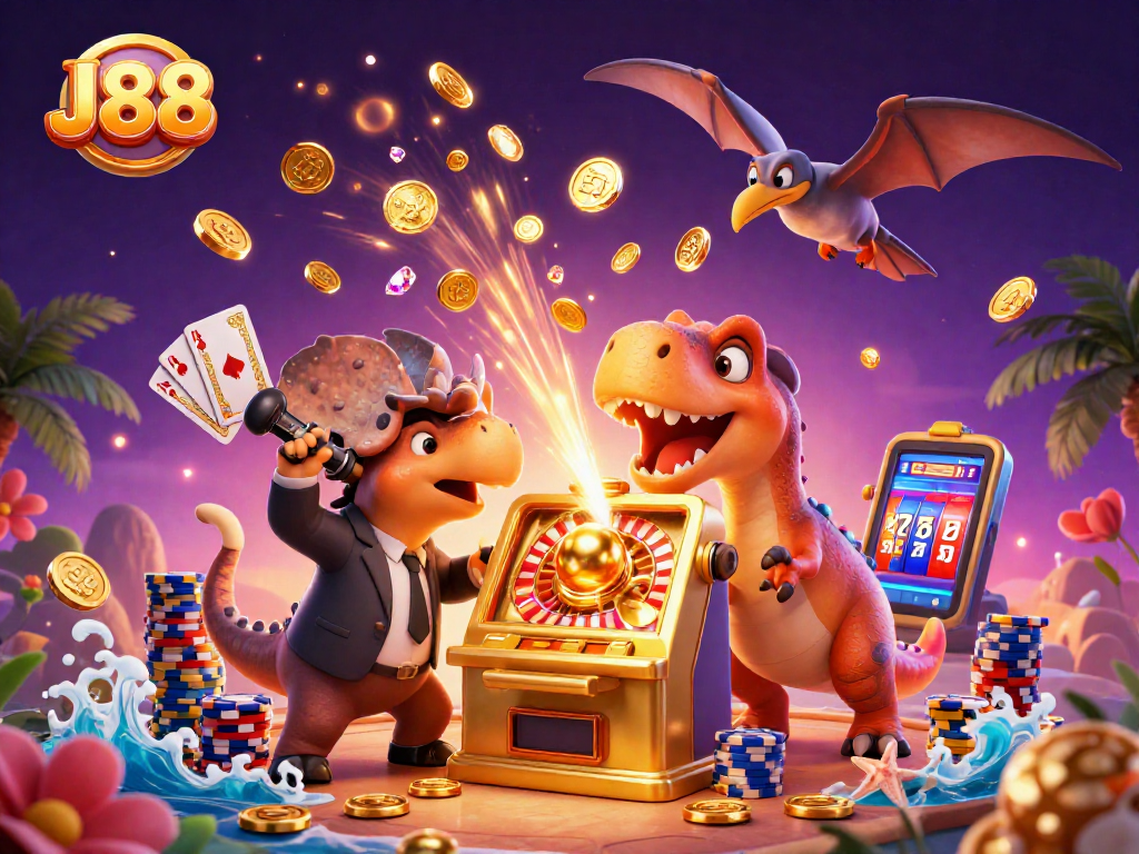 J88 casino scene with a pachycephalosaurus winning on a slot machine, surrounded by coins and vibrant casino elements.