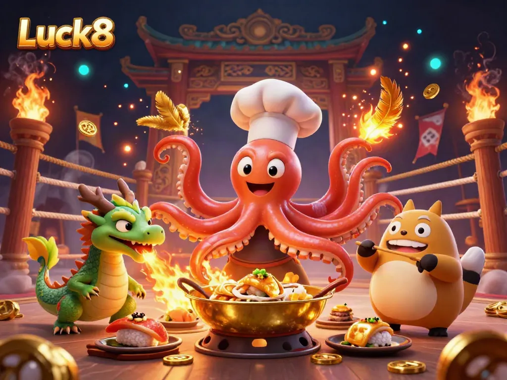 Luck8 features an octopus chef cooking, a dragon companion, and a tanuki in a vibrant casino atmosphere.