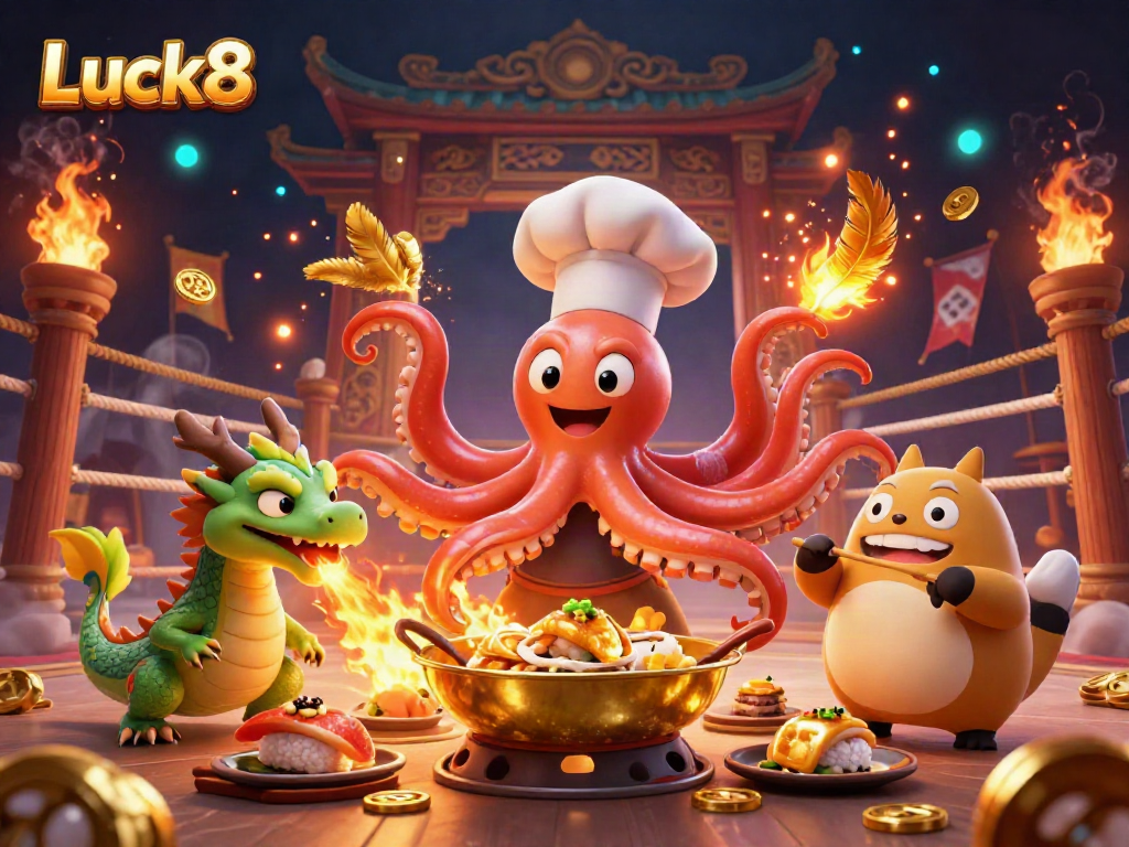 Luck8 features an octopus chef cooking, a dragon companion, and a tanuki in a vibrant casino atmosphere.