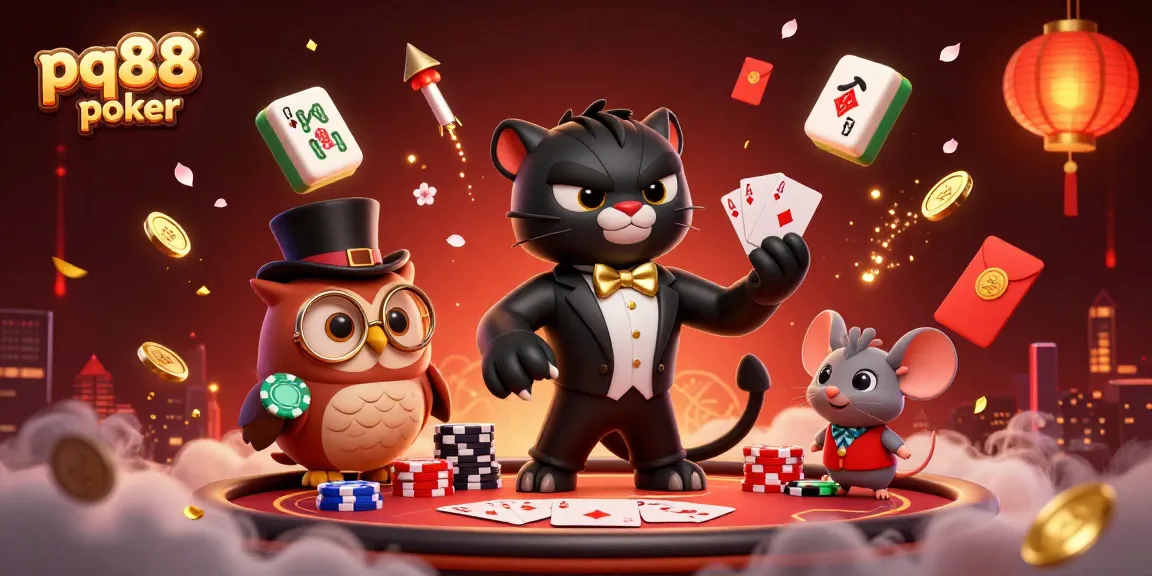 Join the fun at pq88 poker with a stylish panther dealer, an owl with chips, and a lucky mouse!