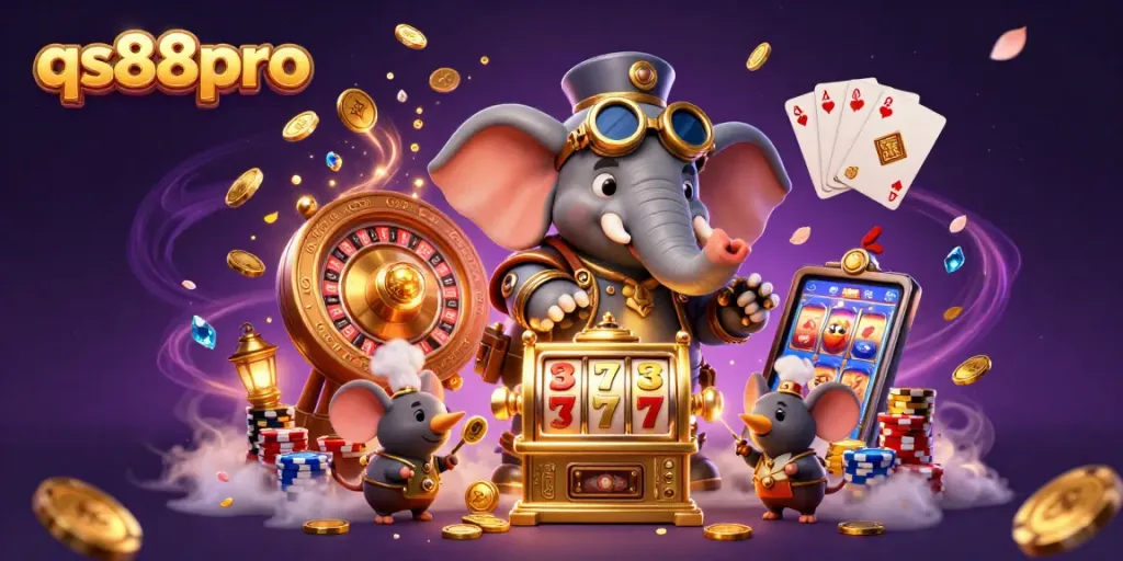 Experience exciting wins with qs88pro's dynamic gaming world featuring slot machines and vibrant treasures.
