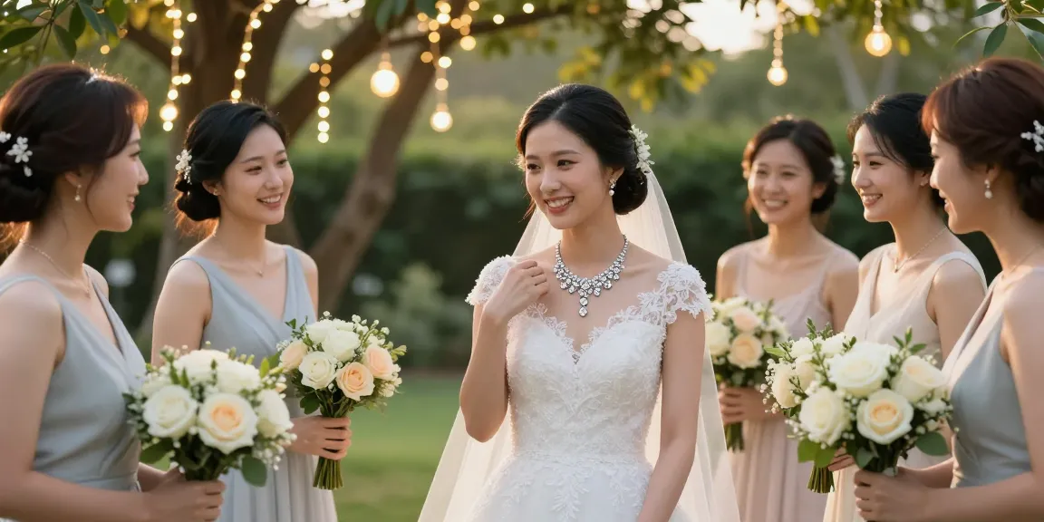 Bridal diamond necklace elegantly displayed on bride in outdoor garden setting during golden hour.