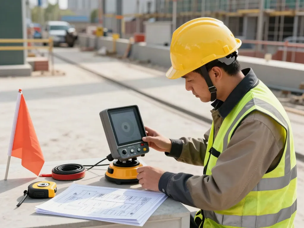 Utility Surveyors Surrey using GPR equipment at a construction site, highlighting urban utility mapping.