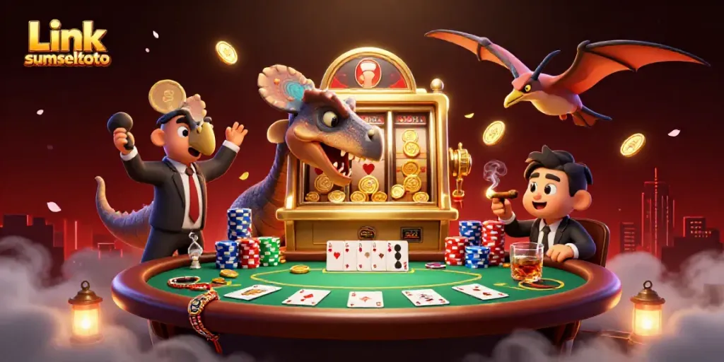Experience excitement with Link sumseltoto as the cartoon dinosaur jackpots coins from the slot machine amidst colorful casino elements.