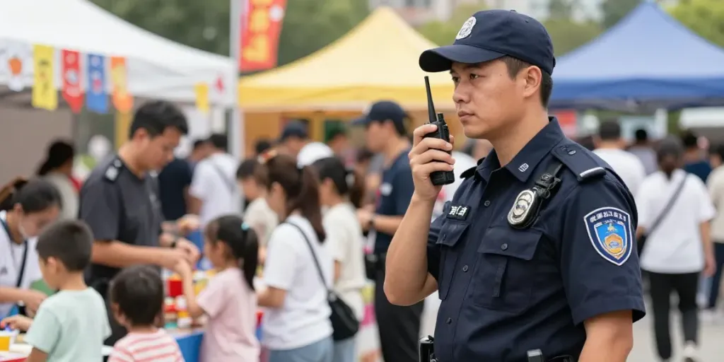 "Security Guard monitoring a busy event, ensuring safety and community trust."