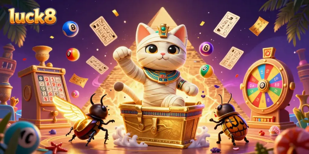 Engage in the excitement of luck8 with a vibrant depiction of an Egyptian mummy cat and gaming elements.