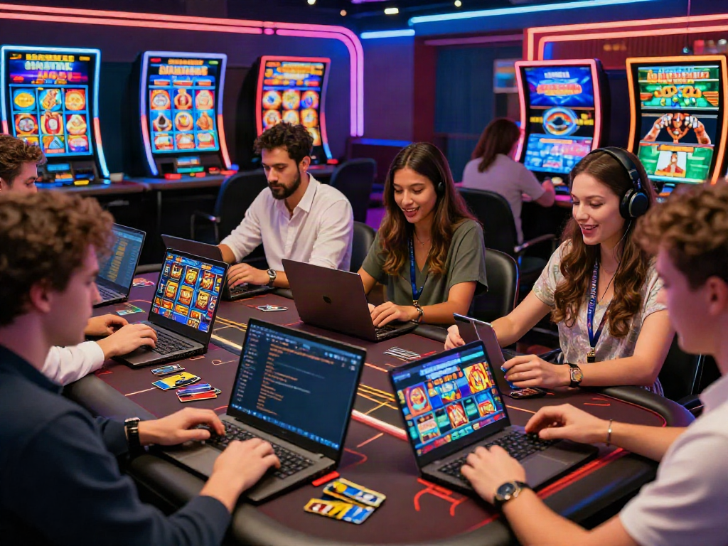 Players enjoying online casinos that accept credit card, engaging with vibrant slots and live tables in a modern gaming environment.