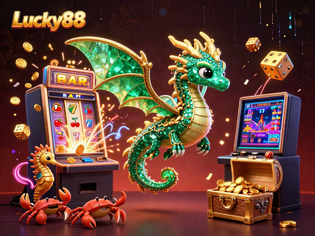 Engage with Lucky88's vibrant world of gaming featuring a majestic sea dragon and a jackpot explosion.