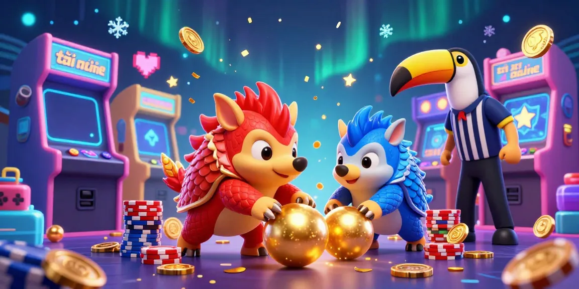 Engaging 3D digital art illustrating rival pangolins in armor rolling golden balls while playing tài xỉu online amidst poker chips.