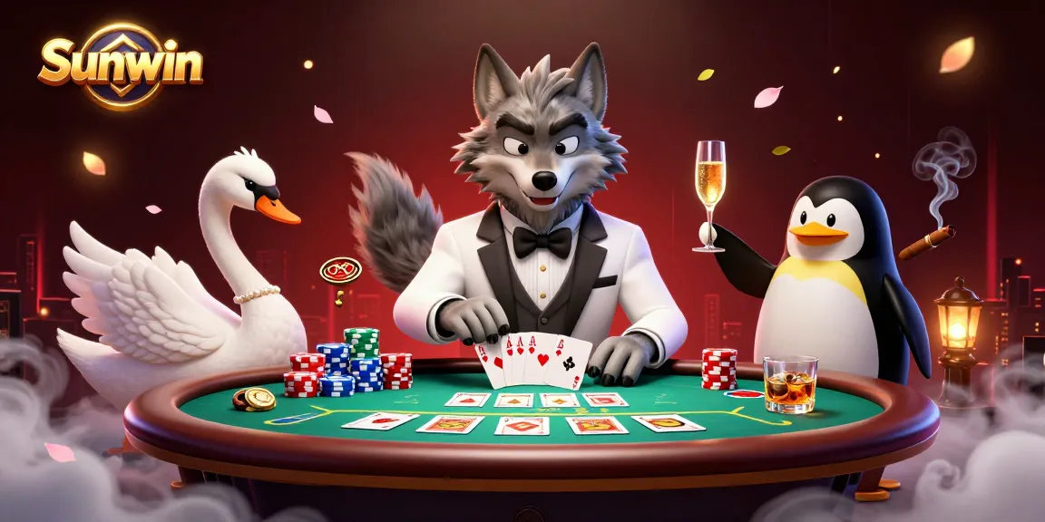 Engage in exciting games at Sunwin with a debonair wolf and elegant swan amidst a bustling casino