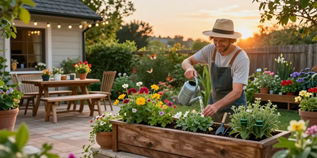 Colorful outdoor planters filled with flowers in a serene garden setting.