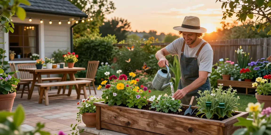 Colorful outdoor planters filled with flowers in a serene garden setting.