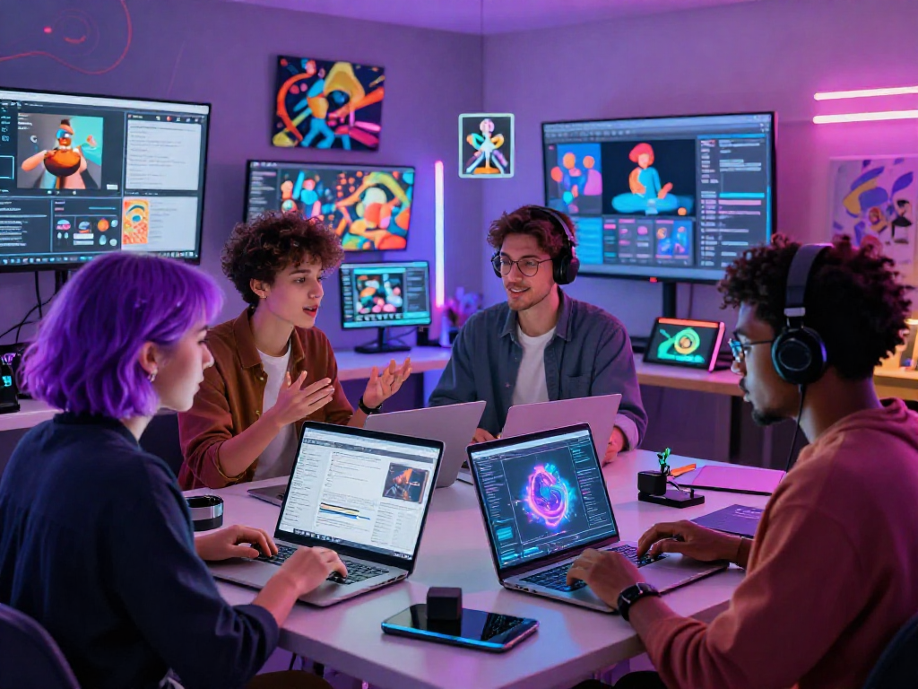 Diverse creators collaborating on NSFW AI art in a vibrant digital space, showcasing innovation and creativity.